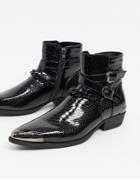 Asos Design Cuban Heel Western Chelsea Boots In Black Croc Faux Leather With Strap And Chain Detail