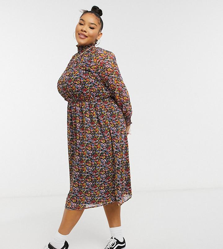 Yours Shirred Collar Dress In Multi Floral