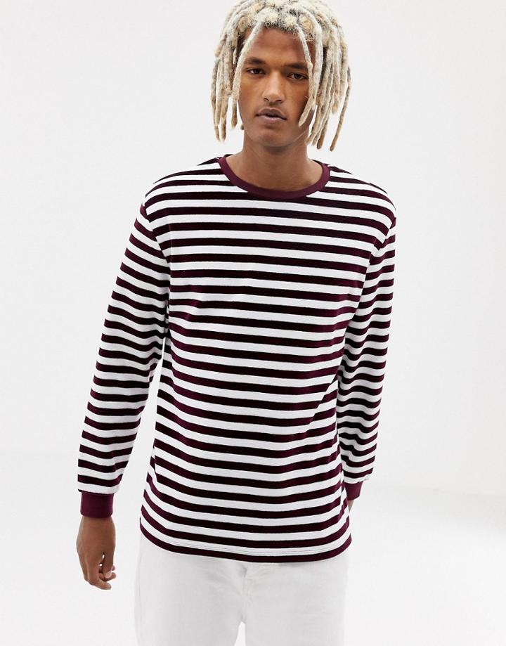 Asos Design Relaxed Stripe Velour Long Sleeve T-shirt In Burgundy And White - Multi