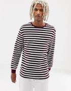 Asos Design Relaxed Stripe Velour Long Sleeve T-shirt In Burgundy And White - Multi