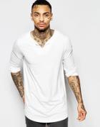 Asos Longline Long Sleeve T-shirt With Notch Neck And Curve Hem In Off White - Off White