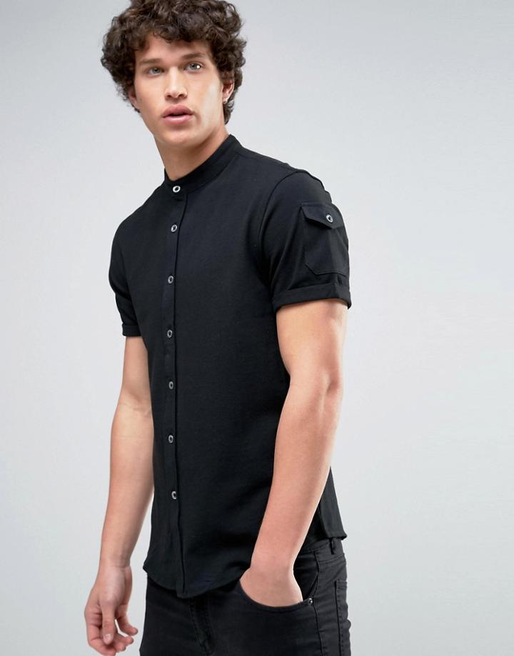 Brave Soul Grandad Collar Pocket Polo Shirt - Black