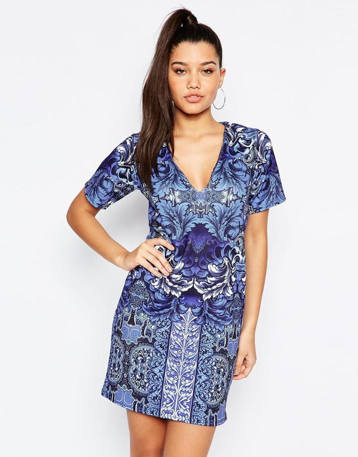 Missguided Tile Print V Neck Shift Dress - Blue