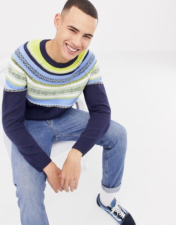 Bellfield Sweater With Color Pop Stripe Design In Navy - Navy