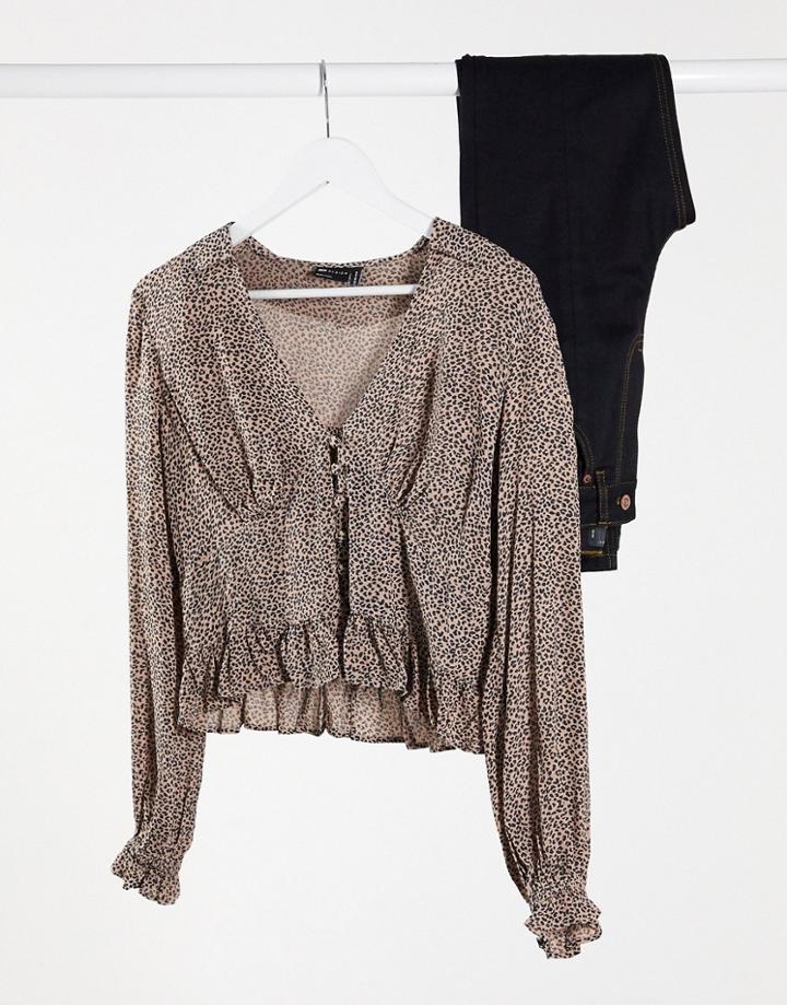 Asos Design Long Sleeve V Neck Tea Blouse In Animal Print-multi