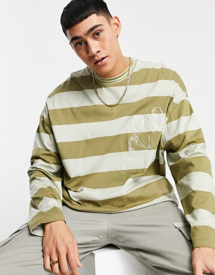 Asos Design Oversized Long Sleeve Stripe T-shirt With Chest Embroidery-multi