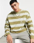 Asos Design Oversized Long Sleeve Stripe T-shirt With Chest Embroidery-multi