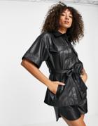 Topshop Faux Leather Short Sleeve Belted Shirt Jacket In Black
