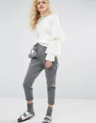I Love Friday Cropped Pants With Faux Fur Pom Poms - Gray