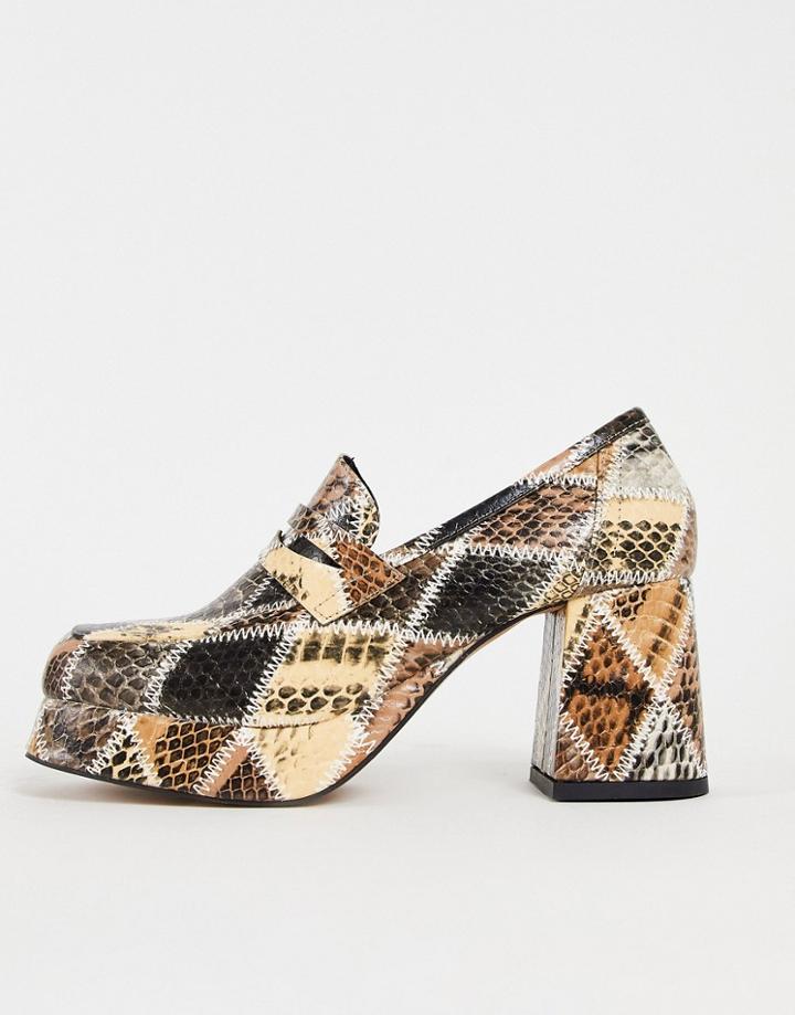 Asos Design Signature Platform Heeled Loafers In Patchwork Snake-multi