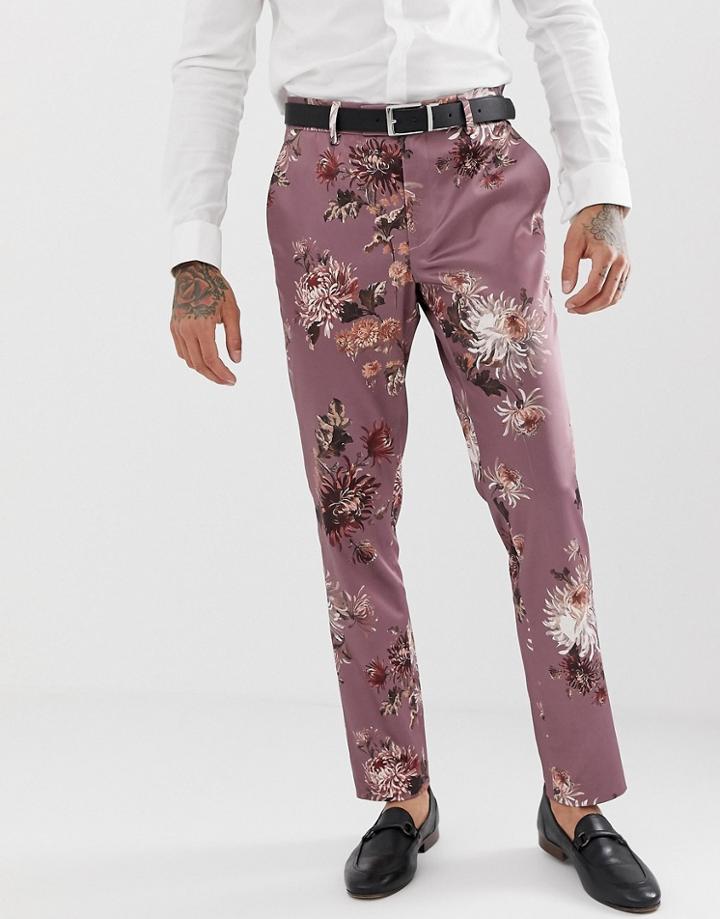 Asos Design Wedding Skinny Suit Pants With Pink Floral Print - Pink