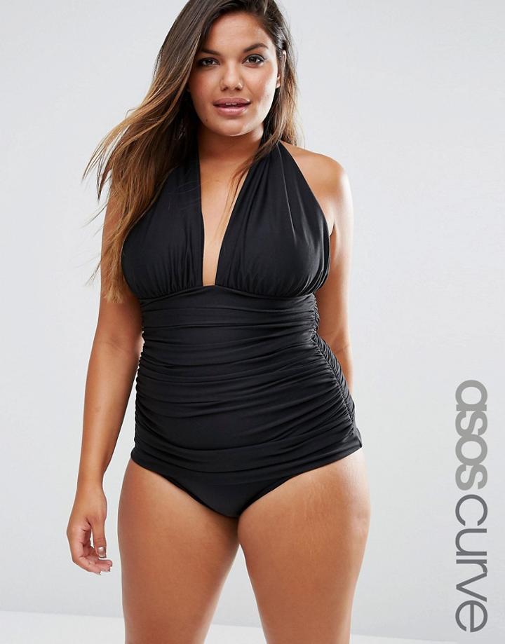 Asos Curve Ruched Halter Swimsuit - Black