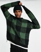 Asos Design Fluffy Knit Check Sweater In Khaki-green