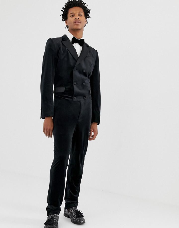 Asos Design Skinny Double Breasted Jumpsuit In Black Velvet - Navy
