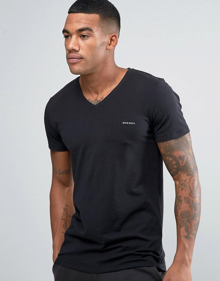 Diesel Logo V Neck T-shirt In Stretch Cotton Black - Black
