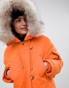 Asos Design Luxe Parka With Faux Fur Trim - Orange