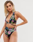 Asos Design Recycled Deep Plunge Lattice Crop Bikini Top In Tattoo Rose Print - Multi