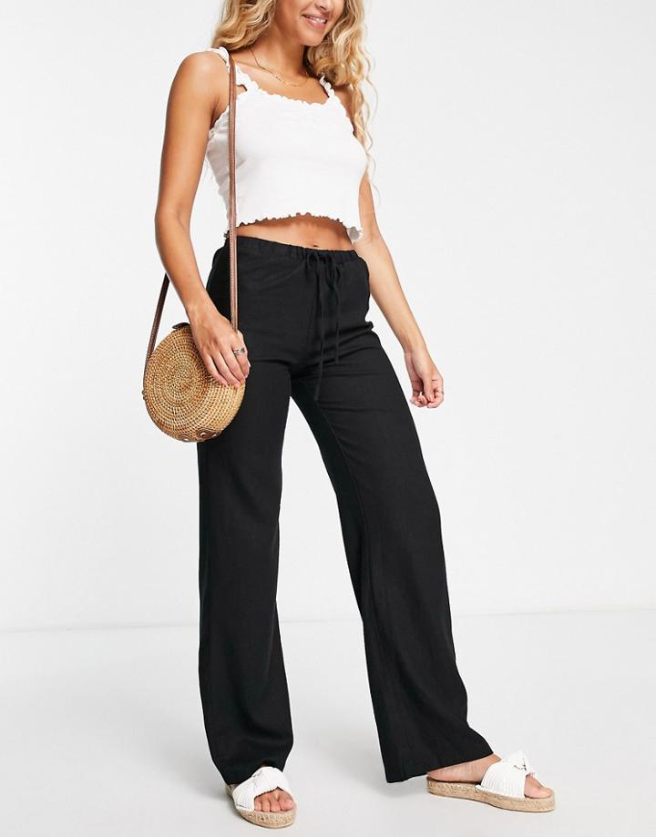Pull & Bear Straight Leg Linen Pants In Black