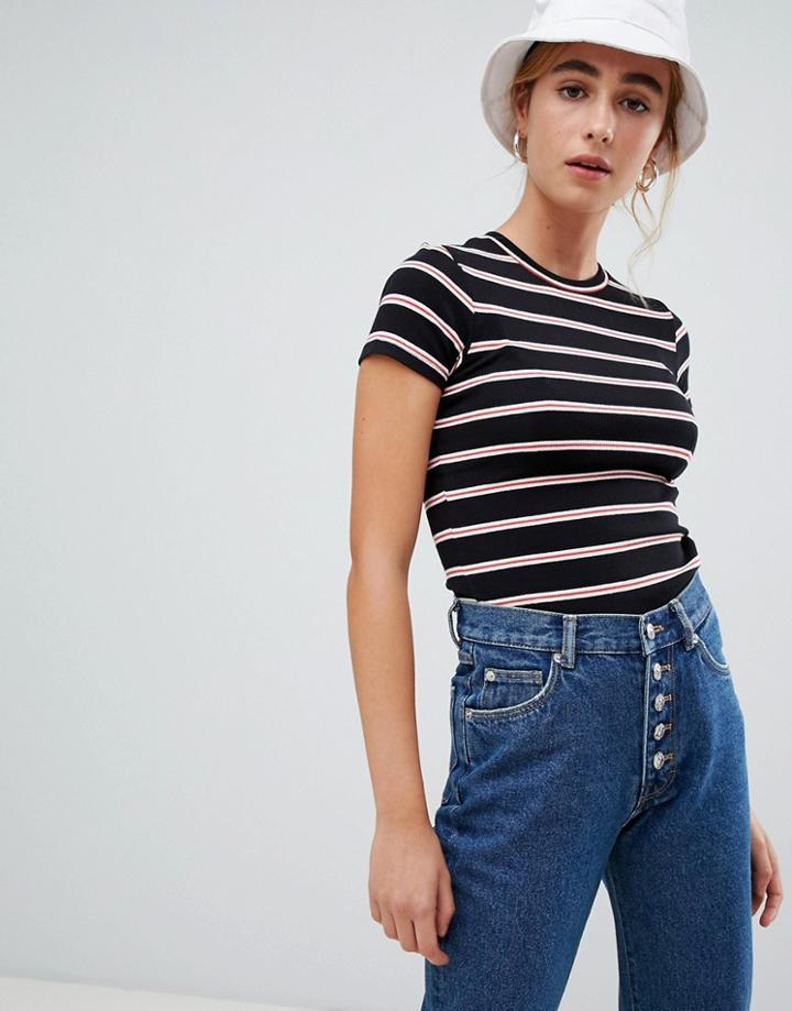 Pull & Bear Ribbed Striped T Shirt - Black