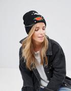 7x Floral Embroidered Beanie Hat - Black