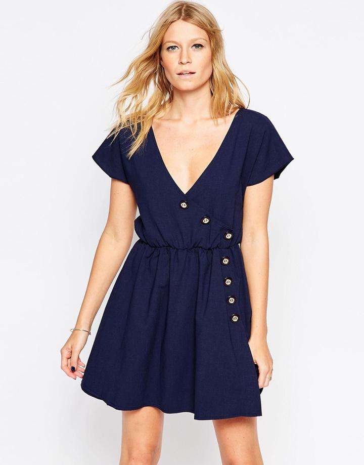 Liquorish Dress With Asymmetric Button Detail - Navy