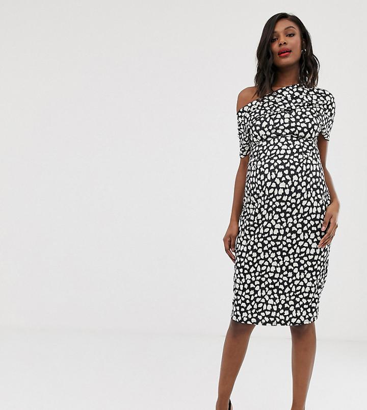 Asos Design Maternity Pleated Shoulder Pencil Dress In Mono Polka Dot-multi