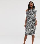 Asos Design Maternity Pleated Shoulder Pencil Dress In Mono Polka Dot-multi