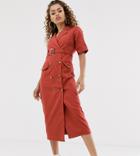 Asos Design Petite Denim Double Breasted Midi Dress With Short Sleeve