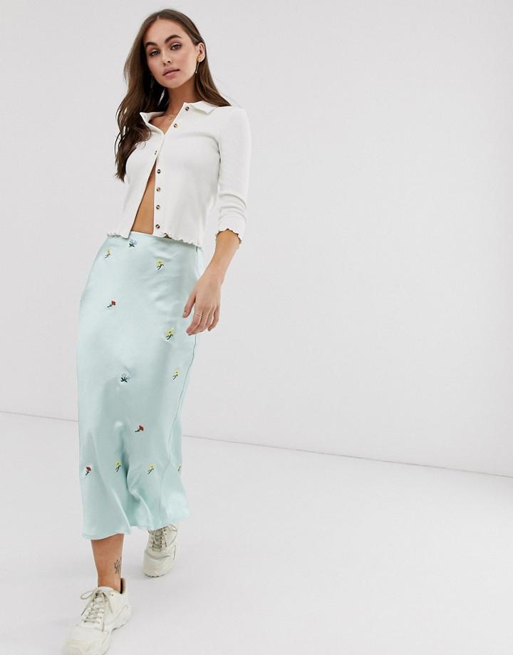 Emory Park Midi Skirt In Floral Embroidered Satin-green