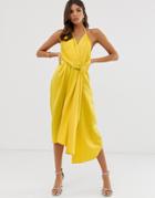 Asos Design Minimal Drape Midi Dress In Satin - Gold