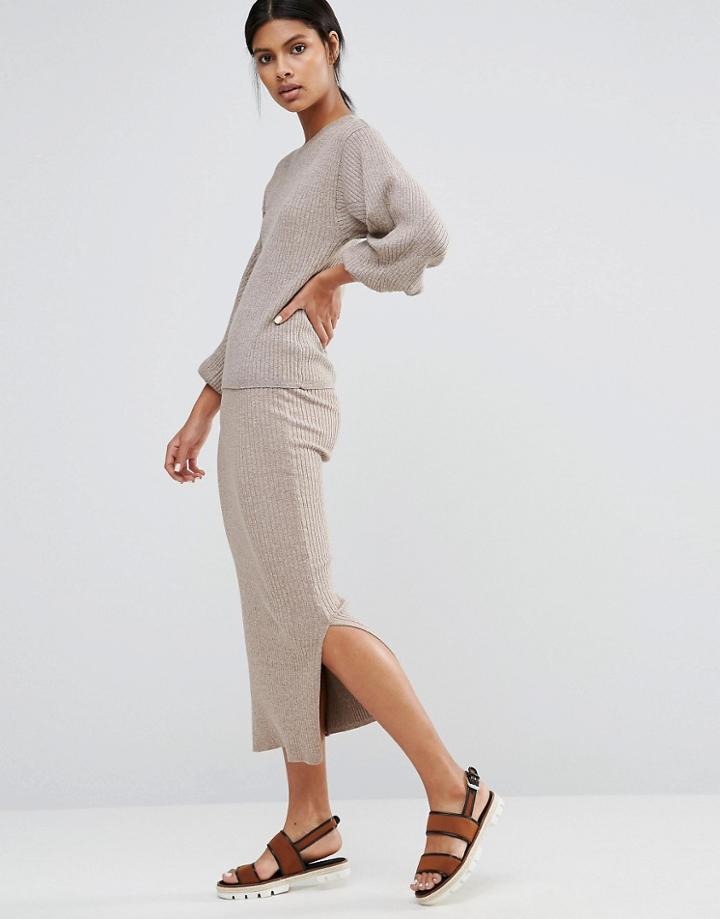 Warehouse Ribbed Side Split Skirt - Beige