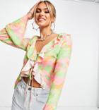 Asyou Ruffle Tie Front Floral Print Blouse In Multi