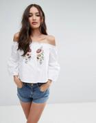 Influence Bardot Flare Sleeve Top With Embroidery - White