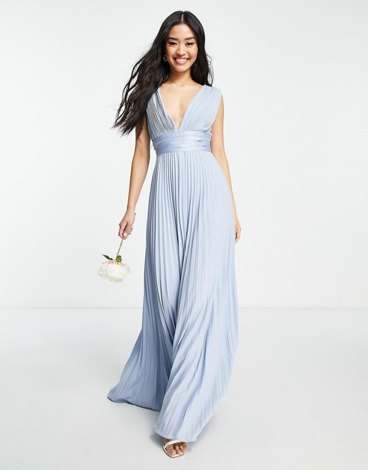 Asos Design Bridesmaid Pleated Cami Maxi Dress With Satin Wrap Waist In Blue