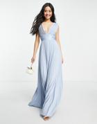 Asos Design Bridesmaid Pleated Cami Maxi Dress With Satin Wrap Waist In Blue