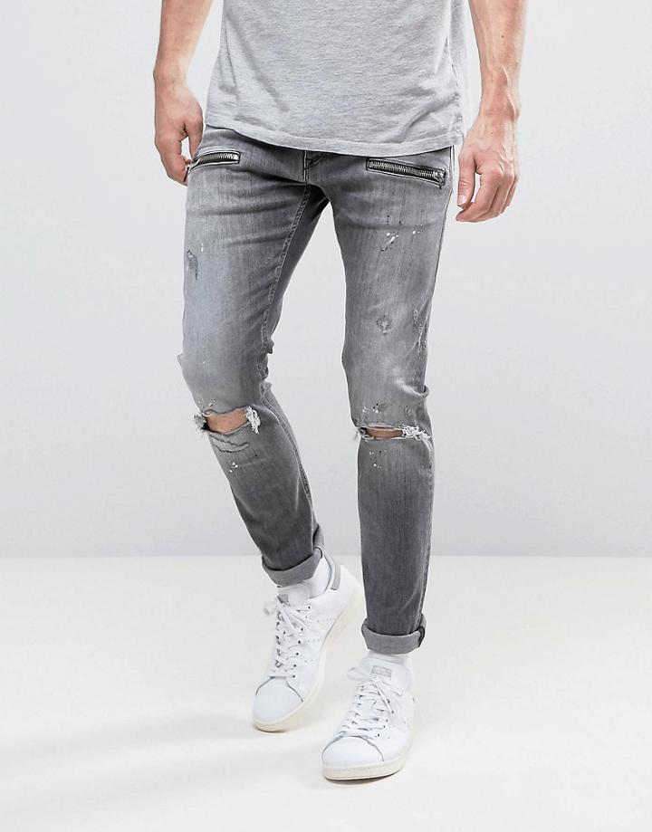 Replay Jondrill Skinny Fit Jeans Gray Ripped Knee Paint Splat - Gray