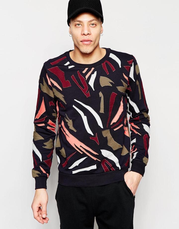 Scotch & Soda Crewneck Sweatshirt With All-over Patched On Artwork. - Black