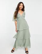 Asos Design Pleated Textured Midi Dress With Tiered Skirt In Sage Green