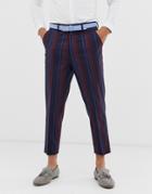 Asos Design Tapered Smart Pants In Navy And Bold Burgundy Stripe With Metal Pocket Chain - Navy