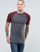 Asos Longline Muscle T-shirt With Contrast Raglan Sleeves In Charcoal/red - Black