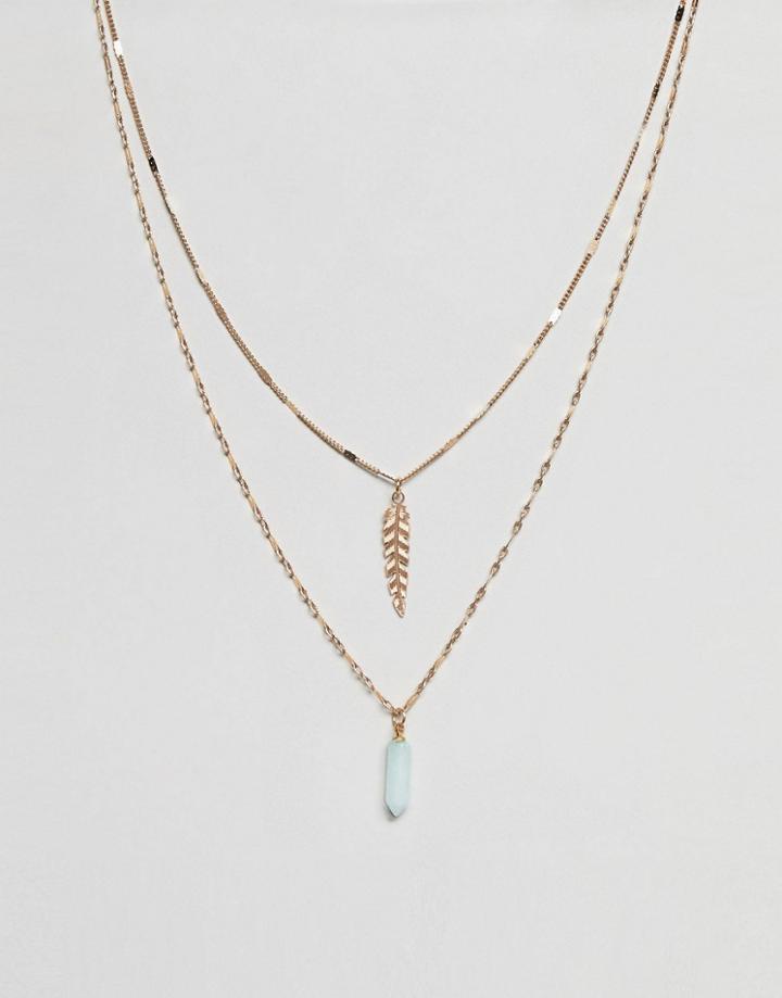 Asos Design Feather And Crystal Shard Multirow Necklace - Gold