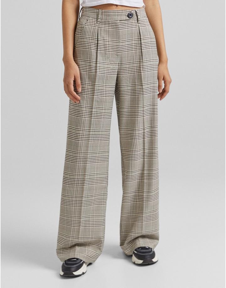 Bershka Wide Leg Slouchy Tailored Pant In Beige Check-brown