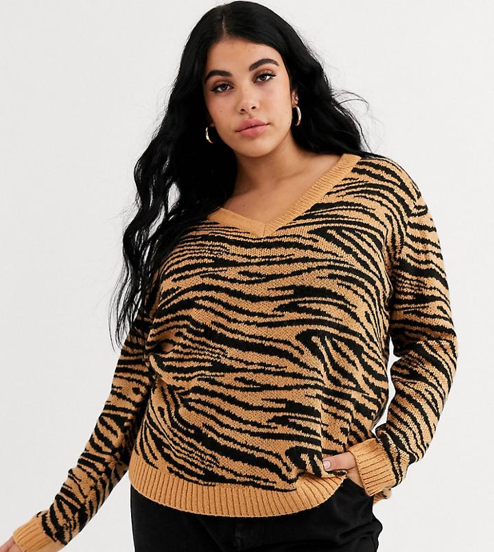 Brave Soul Plus Zebra V Neck Sweater-brown