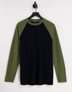 Asos Design Long Sleeve Organic Cotton Blend Raglan T Shirt In Black With Khaki Contrast Sleeves