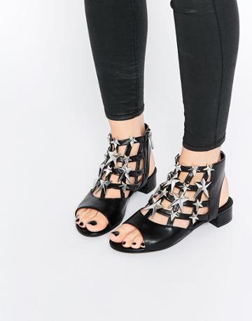 Eeight Gisele Black & Silver Star Sandals - Black