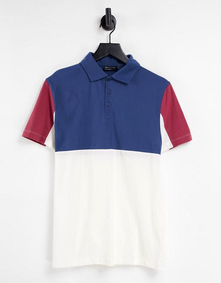 Asos Design Polo T-shirt In Navy And Red Color Block-multi