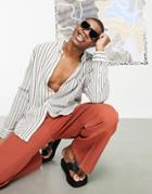 Asos Design 90s Oversized Shirt In Natural Textured Cotton Stripe-neutral