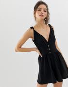 Asos Design Button Front Romper With Ties - Black