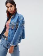 Asos Design Denim Jacket In Midwash Blue With Beaded Fringing - Blue