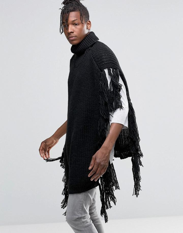Asos Poncho With Tassles In Black - Black